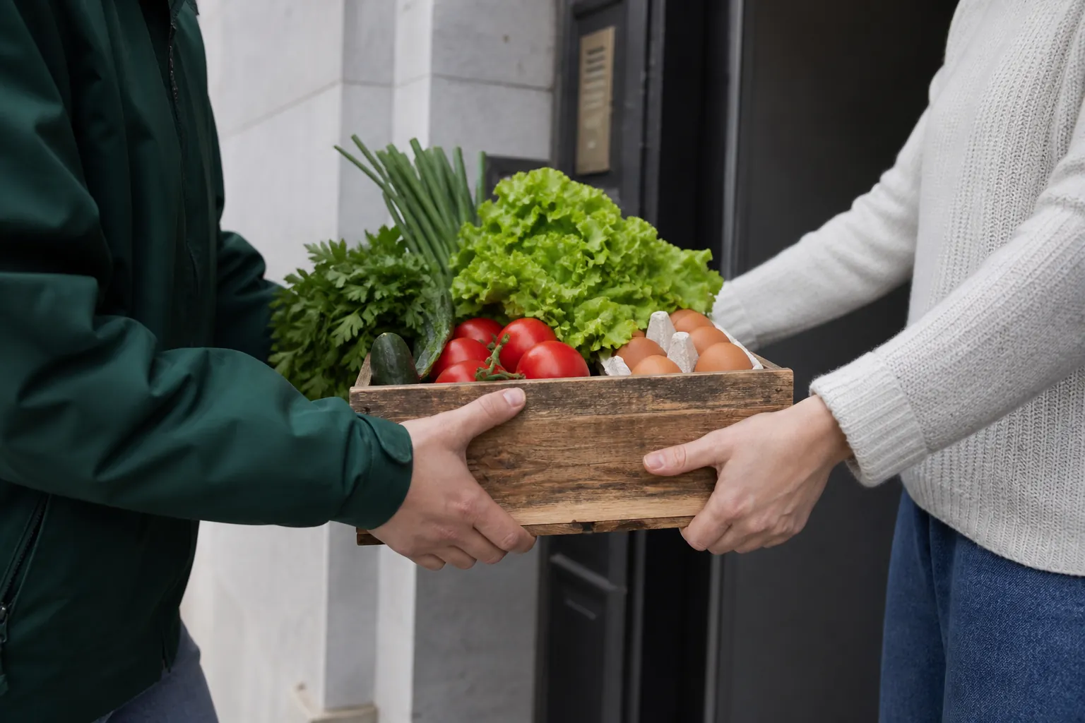 A personal delivery of fresh vegetables and eggs at a home's entrance